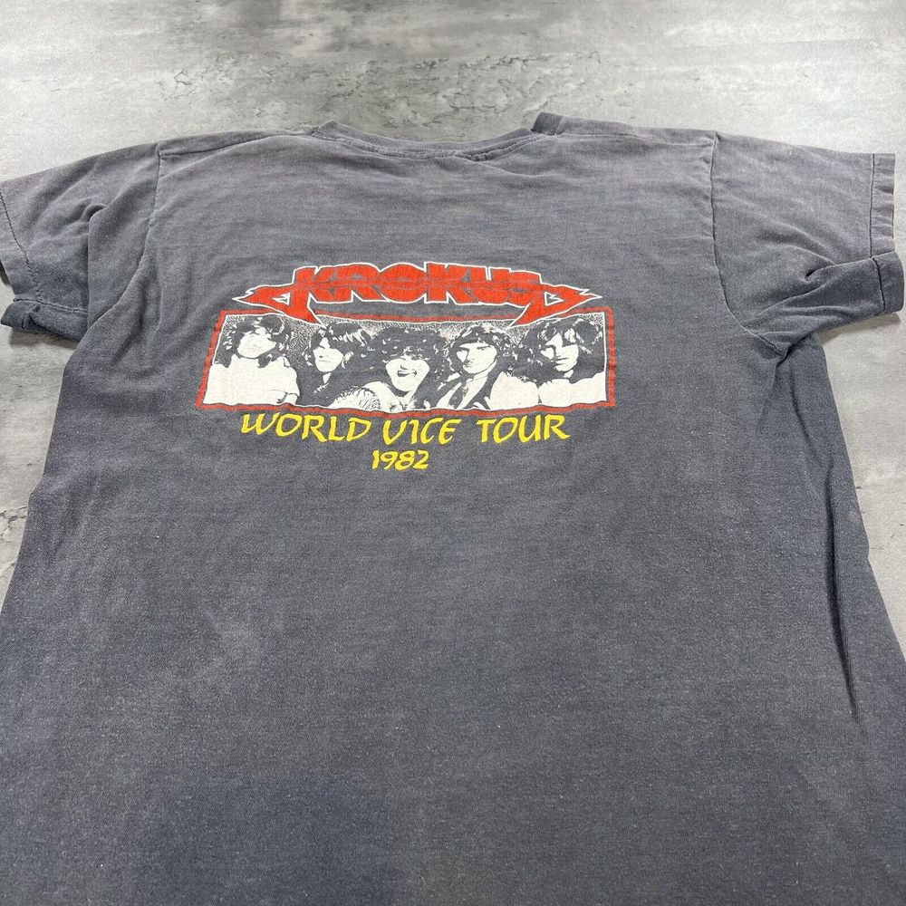 True Vintage 80s Krokus Shirt Adult S Crop Black Gray Faded Single Stitch Band